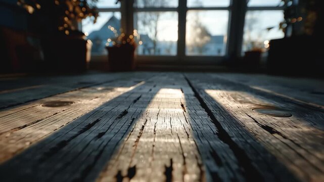 Rustic Elegance: Sun-kissed wooden planks, a window framing a tranquil scene, and the dance of light and shadow, the image a simple ode to tranquility and the beauty of home.