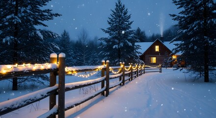 Cozy cabin glows warmly amidst a snowy winter landscape with festive lights adorning the wooden fence line