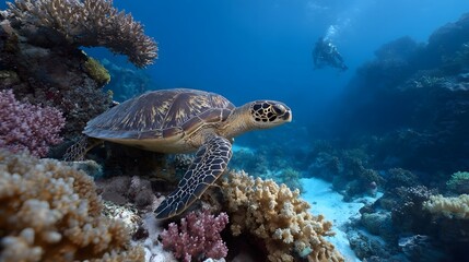 Fototapeta premium A sea turtle glides through a vibrant coral reef with a diver observing in the blue ocean depths