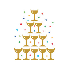 Champagne glass pyramid with colorful confetti for celebrations and events Vector, illustration