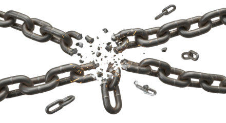 Heavy metal chain breaking apart symbolizing freedom and strength isolated on transparent background
