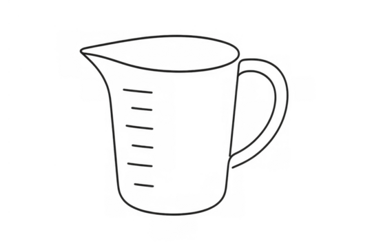 Measuring cup line art representing a kitchen utensil for accurately measuring liquid and dry ingredients, ideal for recipes