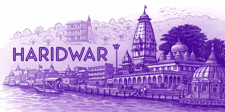 Haridwar Skyline Sketch with Cultural Touch for Tourism Use &ndash; Hand Drawn Line Art Featuring Har Ki Pauri, Ganga Ghats, Mansa Devi Temple, and Chandi Devi Temple