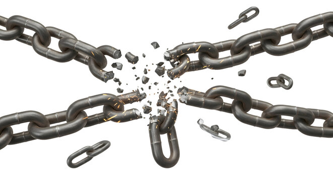 Heavy metal chain breaking apart symbolizing freedom and strength isolated on transparent background