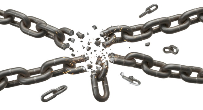 Heavy metal chain breaking apart symbolizing freedom and strength isolated on transparent background