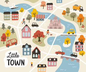 Vector cartoon children city map, print texture. Maze, labyrinth for children with way passing through the city. Childish pattern with town symbols, elements, cars, houses, buildings, trees, streets. 