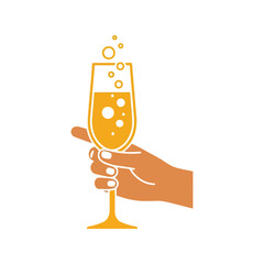 Hand holding a flute glass with bubbling orange champagne or cocktail celebrating special occasion Vector, illustration