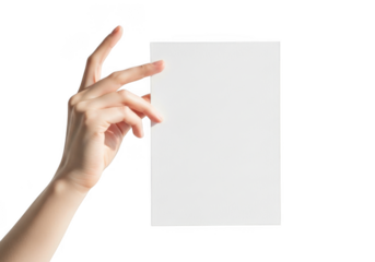 Human hand holding blank white paper sheet against dark void for creative display transparent background