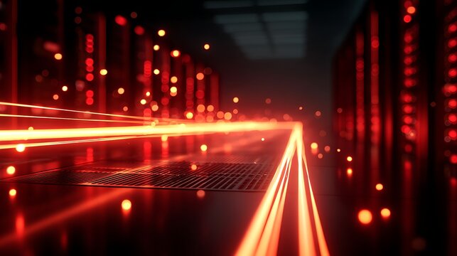 Futuristic data center with glowing red lights and network cables, showcasing high-tech server activity
