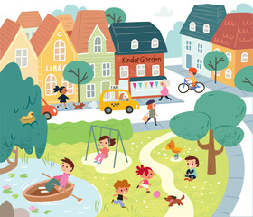 Little small town in childish style with multicolored houses. Cozy street, park with pond. Charming, colorful European town with typical old-style houses. People, children walking playing in the park