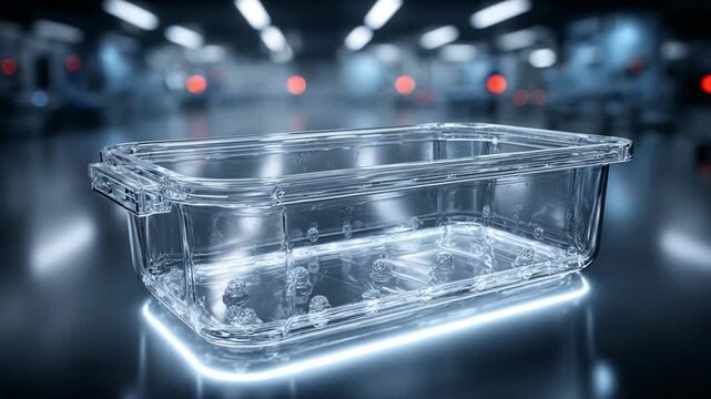 Clear plastic container on reflective surface in factory