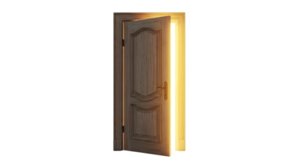 Elegant wooden door slightly ajar with warm light emanating from within isolated on transparent background