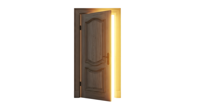 Elegant wooden door slightly ajar with warm light emanating from within isolated on transparent background