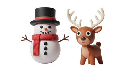 Charming 3d rendered snowman wearing a black top hat and red scarf standing next to a cute reindeer with antlers isolated on transparent background