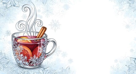 hot mulled wine or spiced holiday drink in crystal mug with cinnamon for winter recipe blogs, christmas and new year greeting cards, and cozy seasonal advertising, with copy space