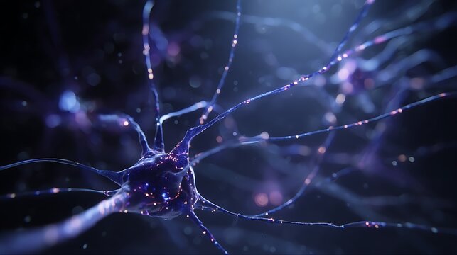 Intricate close-up of neurons firing in a dark, ethereal environment with glowing synapses