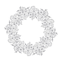 Hand drawn black and white line art canary islands flowers mallow bindweed wreath. Card template with cute monochrome floral frame