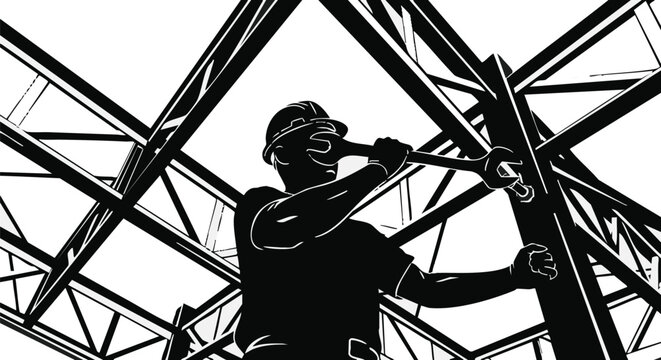 A dedicated construction worker in a hard hat diligently tightens a bolt on a complex metal truss structure, symbolizing industry, progress, and skilled labor.