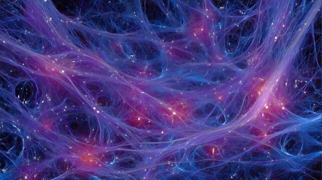 Abstract representation of cosmic energy with vibrant purple and blue strands against a dark background - Powered by Adobe