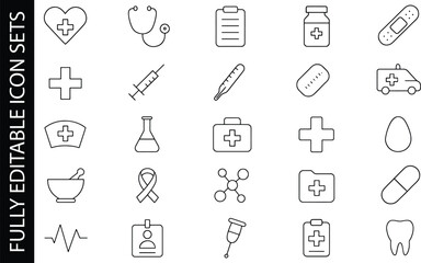 Collection of medical and healthcare outline icons including heart, stethoscope, syringe, nurse hat, ambulance, and medicine symbols