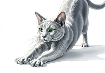 Stretching gray cat illustration with copy space for wellness themes