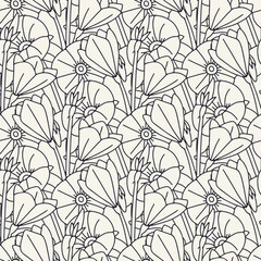 Seamless pattern with black and white canary islands flowers mallow bindweed