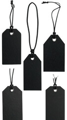 Five black tags with black string, plain background