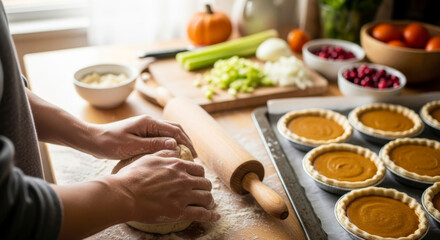 Person kneading dough for Thanksgiving pies on a kitchen counter with fresh ingredients and finished pumpkin pies.