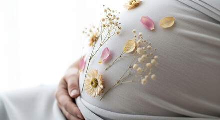 Pregnancy belly art flowers photoshoot maternity photography expecting mother baby bump floral design concept idea
