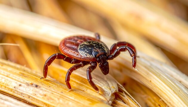 Closeup of a Tick on Dry Grass.