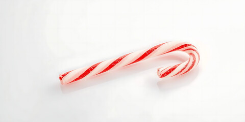Single red and white striped candy cane with curved top on white background festive sweet