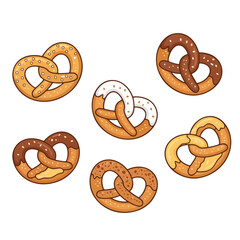 Cartoon Pretzel Set with Chocolate and Glazed Variations Illustration