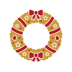 Festive christmas wreath with red bows and stars, holiday decoration icon Vector, illustration