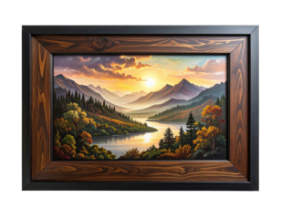 Landscape sunset painting, mountains, trees, lake