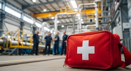 Safety first red first aid kit for industrial workers in factory ensures workplace health and well being with team prepared for emergencies
