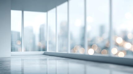 Vast empty interior with panoramic windows overlooking city lights image