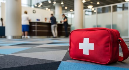 Red first aid kit with white cross sits on modern office floor, symbolizing preparedness and medical care.