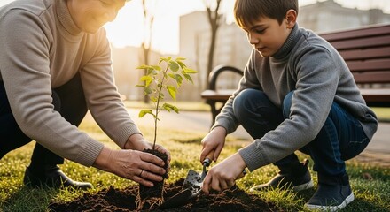 An adult and a young boy are planting a small tree sapling together in a park, focusing on the soil and trowel during a golden hour environmental activity.
