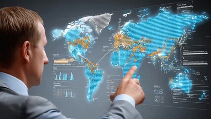 World Map Technology Analysis: A focused analyst explores a dynamic world map interface, symbolizing global connectivity and data analysis, with a keen focus on strategy and insight.