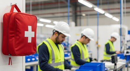Safety first workers in bright vests operating equipment in modern factory with first aid kit for emergencies and workplace wellness initiatives