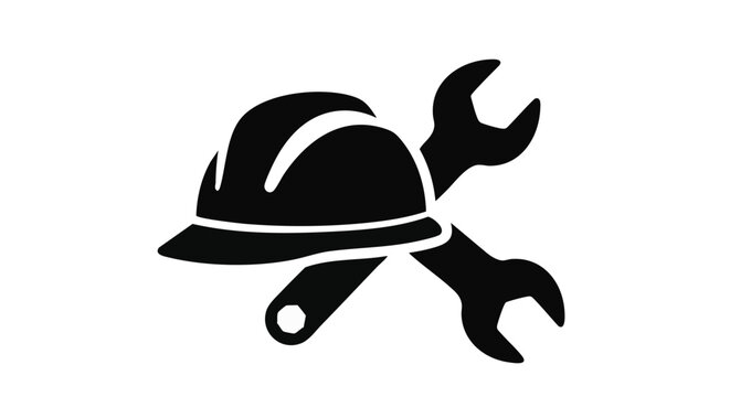This minimalist black icon features a safety hard hat and crossed wrenches, perfectly representing construction, engineering, repair services, and industrial maintenance.