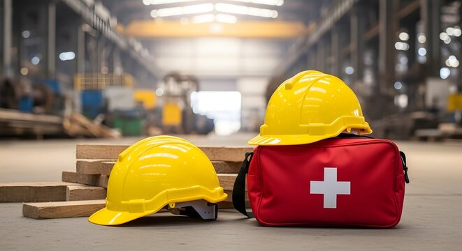 Safety first industrial scene showing hardhats and first aid kit in a factory setting, promoting workplace safety and healthcare for accident prevention