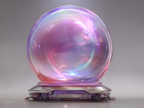 A radiant iridescent orb resting on a metallic platform, glowing with soft pink and violet hues that blend into a luminous translucent sphere in a minimal studio space - Powered by Adobe