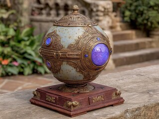 An ornate antique orb with embossed gold filigree and glowing violet inlays, resting on a carved wooden pedestal in a sunlit garden courtyard setting