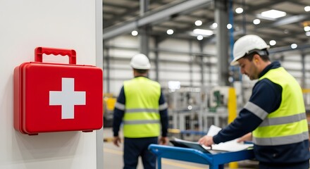 First aid kit and industrial workers in modern factory setting, emphasizing safety, health, and well-being