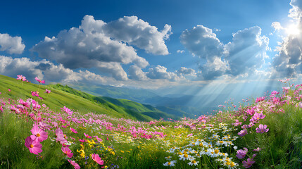 Verdant rolling hills adorned with vibrant pink and white wildflowers under a bright blue sky meadow