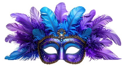 Ornate mask with vibrant purple and blue feathers