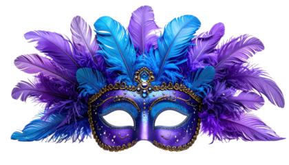 Ornate mask with vibrant purple and blue feathers