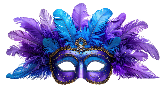 Ornate mask with vibrant purple and blue feathers