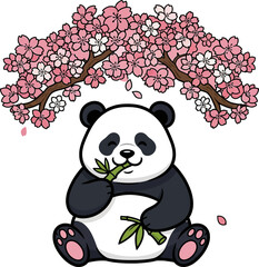Adorable panda eating bamboo under beautiful cherry blossoms in springtime